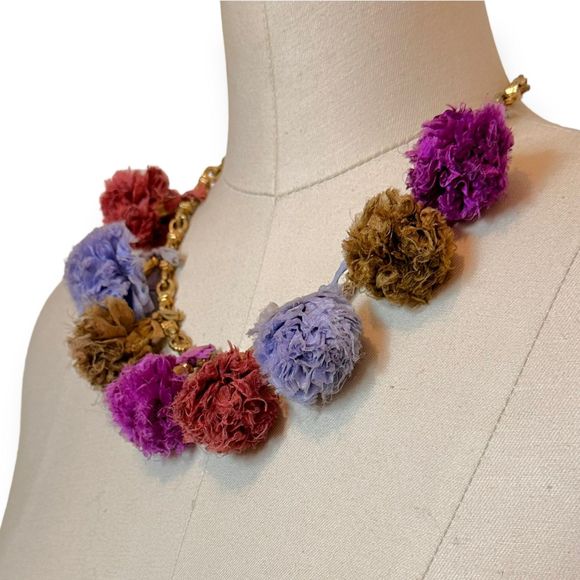 Vintage Sari Silk Multi Color Pom Pom Gold Chain Necklace - Picture 8 of 8